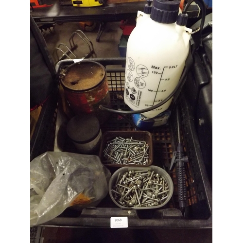 2068 - Tray of assorted DIY goods:- tub of grease, screws, pipe clips, nuts & bolts, etc.