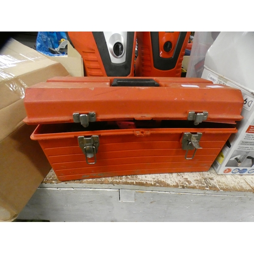 2355 - Red plastic tool box with qty. of tools inc. Record vice