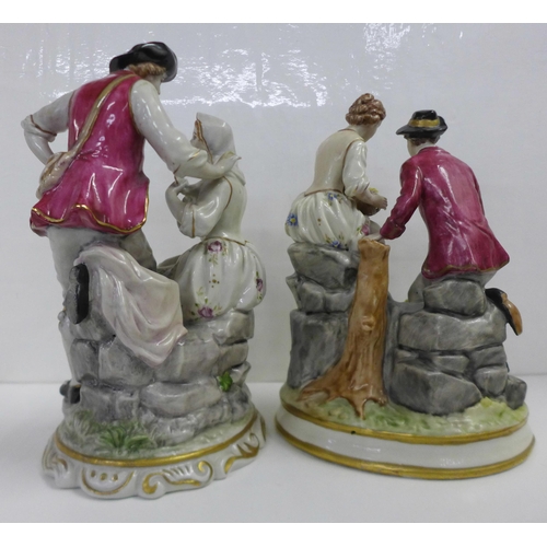 616 - Two German porcelain figure groups; courting couple, small a/f (finger-tip missing) and one feeding ... 