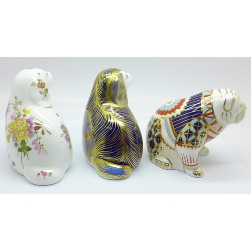 623 - Three Royal Crown Derby paperweights, Derby Posie Spaniel, limited edition 499 of 1500, Bulldog with... 