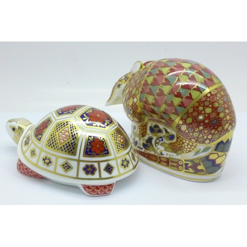 650 - Two Royal Crown Derby paperweights, Turtle with silver stopper and Armadillo with gold stopper, both... 