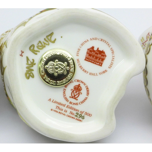 657 - Three Royal Crown Derby paperweights, Mulberry Hall Frog, 296 of 500, gold stopper, signed by Sue Ro... 