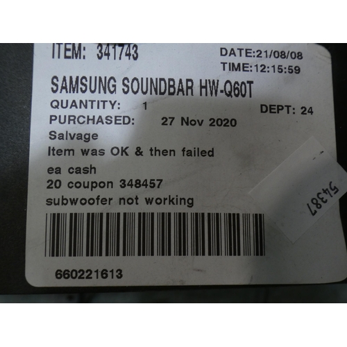 3308 - Samsung Soundbar & Subwoofer Hw-Q60T, RRP £289.99 + VAT  (236-28) * This lot is subject to VAT