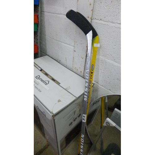 Pair of hockey sticks, 1 silver, 1 yellow (Mission Z1 and Easton Classic)