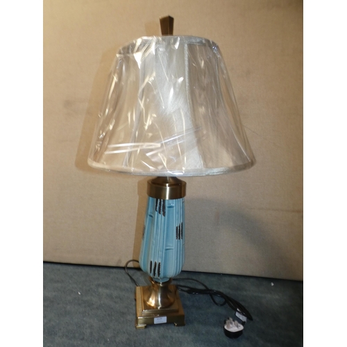 3139 - A bronze and ceramic table lamp with gold shade, 90cm tall * this lot is subject to VAT