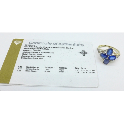 1017 - A silver gilt, kyanite and white topaz ring and certificate, 3.7g, S