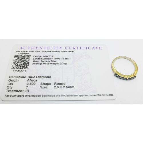 1019 - A silver gilt, blue diamond ring and certificate, 2.5g, Q