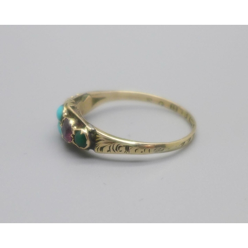 1039 - A Victorian 12ct yellow gold ring set with rubies and turquoise, Birmingham 1865, 1.6g, P