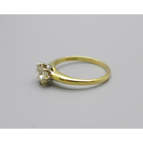 1062 - An 18ct gold diamond solitaire ring, approximately 0.80carat diamond weight, 2.6g, M