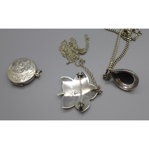 1077 - A silver and enamel pendant, a silver and marcasite pendant, both on silver chains and a sterling si... 