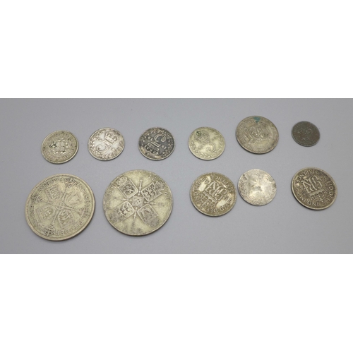 1079 - British silver coinage including two florins, total weight 37g