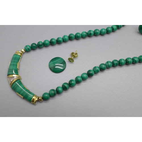 1087 - A 9ct gold mounted malachite necklace also set with diamonds, and a pair of yellow metal and malachi... 