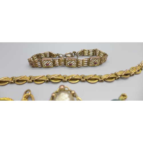 1096 - Plated jewellery including two bracelets, (cameo brooch lacking pin)