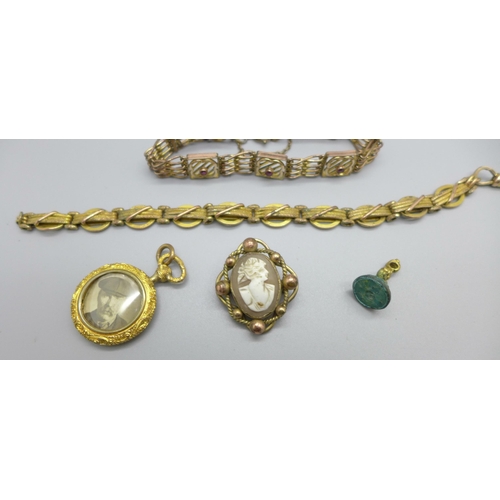 1096 - Plated jewellery including two bracelets, (cameo brooch lacking pin)