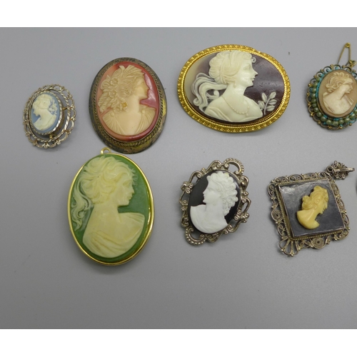 1097 - Nine cameo brooches, one marked 800, a locket and a pendant, some a/f