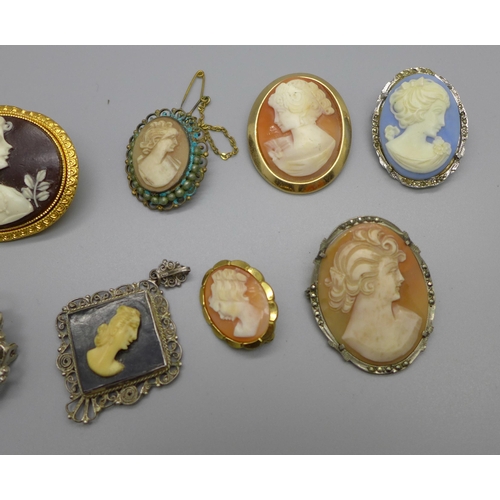 1097 - Nine cameo brooches, one marked 800, a locket and a pendant, some a/f