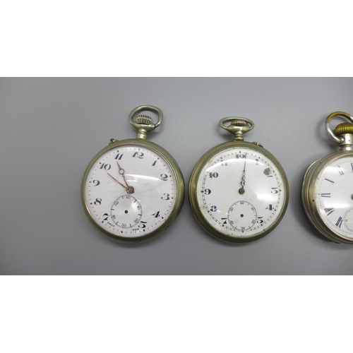 1120 - An 800 silver pocket watch, two other pocket watches and a stop watch