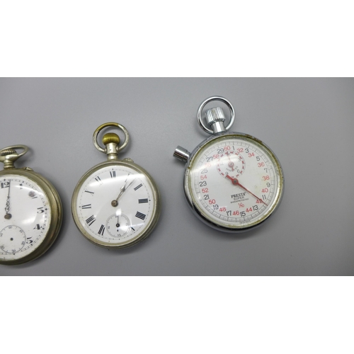 1120 - An 800 silver pocket watch, two other pocket watches and a stop watch