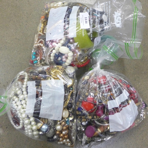 1136 - Three bags of fashion jewellery