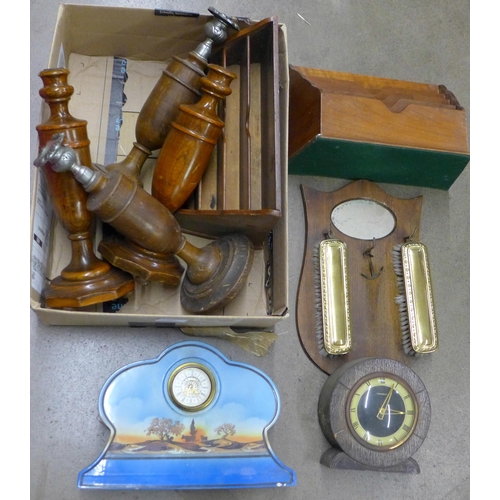 1200 - Two letter racks, clocks and oak candlesticks  **PLEASE NOTE THIS LOT IS NOT ELIGIBLE FOR POSTING AN... 