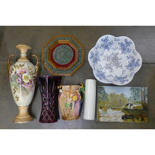 1205 - A glass vase, a/f, Nell Gwyn jug, other china, a Mexican plaque, etc.  **PLEASE NOTE THIS LOT IS NOT... 