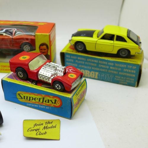 620 - Corgi Toys, 261 Special Agent 007, James Bond's Aston Martin, box a/f, 345, MGB G.T. Competition, wi... 