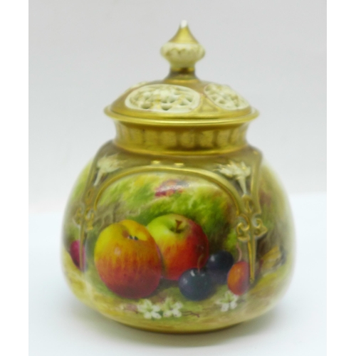 629 - A Royal Worcester lidded pot pourri vase, signed Ricketts, finial a/f