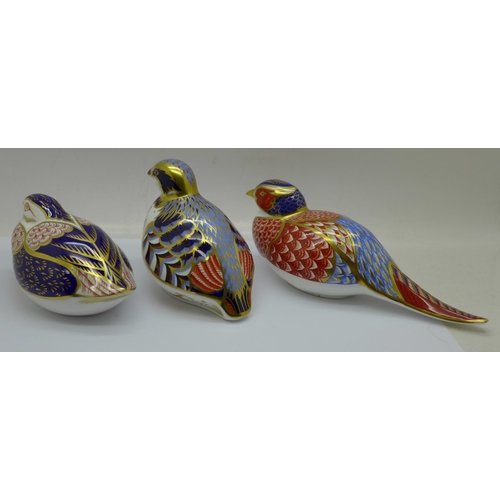 647 - Three Royal Crown Derby Game Bird Paperweights - ‘Red Legged Partridge’ designed by Tien Manh Dinh a... 
