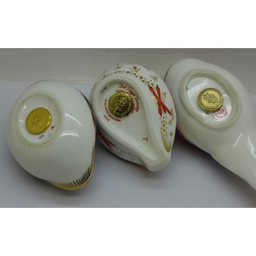 647 - Three Royal Crown Derby Game Bird Paperweights - ‘Red Legged Partridge’ designed by Tien Manh Dinh a... 