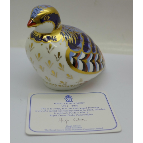 647 - Three Royal Crown Derby Game Bird Paperweights - ‘Red Legged Partridge’ designed by Tien Manh Dinh a... 