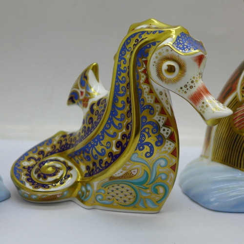 648 - Three Royal Crown Derby Paperweights -  An Exclusive Commission ‘Coral Seahorse’ in original box and... 