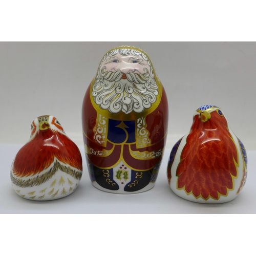 649 - Three Royal Crown Derby Paperweights - 'Santa Claus' in the shape of a Russian doll, red robe with g... 