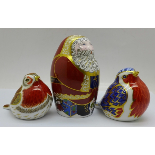 649 - Three Royal Crown Derby Paperweights - 'Santa Claus' in the shape of a Russian doll, red robe with g... 