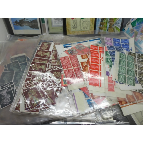 676 - Stamps; box of GB stamps, presentation pack, mini sheets, etc.