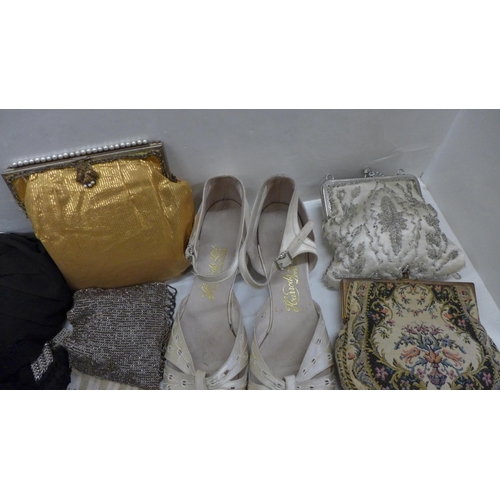 684 - A collection of vintage 1920's, 1930's purses, gloves, an Edwardian fan, shoes, sequin and beaded ba... 