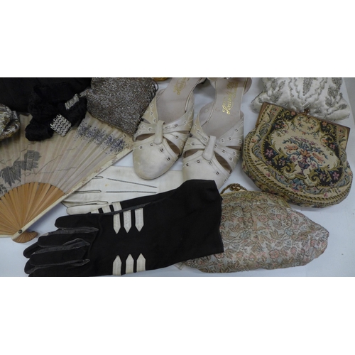 684 - A collection of vintage 1920's, 1930's purses, gloves, an Edwardian fan, shoes, sequin and beaded ba... 