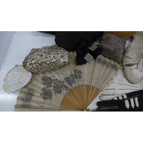 684 - A collection of vintage 1920's, 1930's purses, gloves, an Edwardian fan, shoes, sequin and beaded ba... 