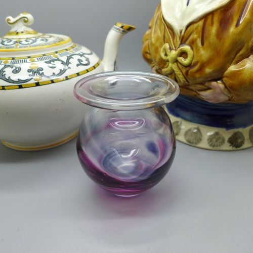 711 - A Ridways tea pot, a purple glass vase, signed and a Toby jug