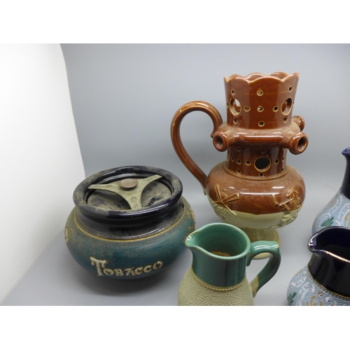 712 - A Bourne Denby puzzle jug, tobacco jar and four Lovatts stoneware jugs