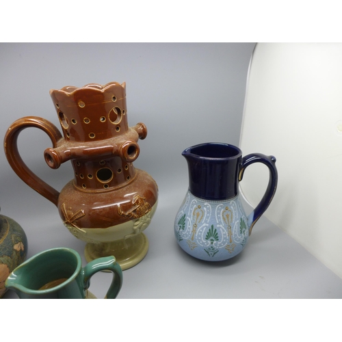 712 - A Bourne Denby puzzle jug, tobacco jar and four Lovatts stoneware jugs