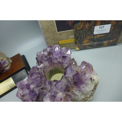 717 - Mineral samples, one amethyst quartz, one mounted, one pendant set and a collection of small samples... 