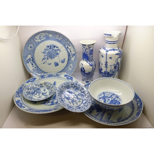 721 - Two Chinese vases, three dishes and two smaller circular dishes, all a/f, and a Chinese bowl, bowl 1... 