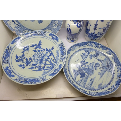 721 - Two Chinese vases, three dishes and two smaller circular dishes, all a/f, and a Chinese bowl, bowl 1... 