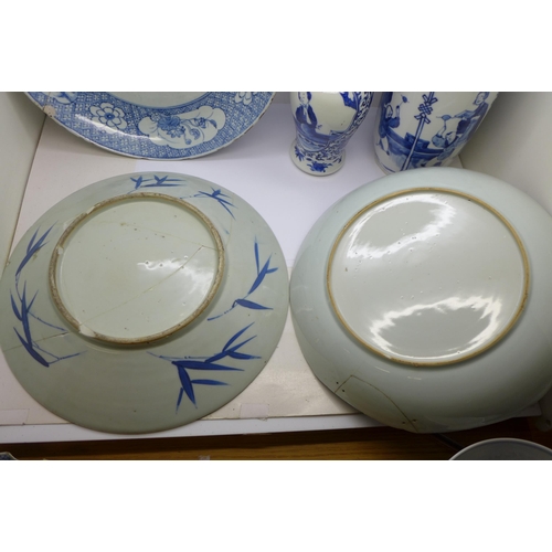 721 - Two Chinese vases, three dishes and two smaller circular dishes, all a/f, and a Chinese bowl, bowl 1... 