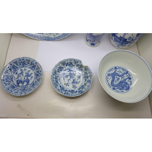 721 - Two Chinese vases, three dishes and two smaller circular dishes, all a/f, and a Chinese bowl, bowl 1... 