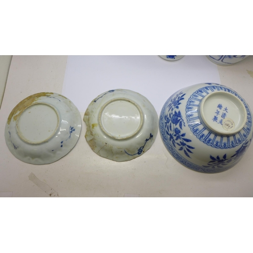 721 - Two Chinese vases, three dishes and two smaller circular dishes, all a/f, and a Chinese bowl, bowl 1... 