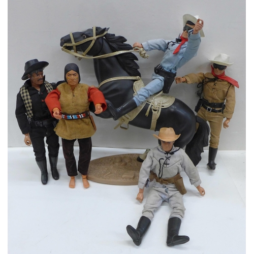 722 - Five original Lone Rangers figures by Louis Marx with jointed poseable horse and stand, guns and ins... 