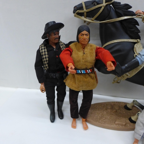 722 - Five original Lone Rangers figures by Louis Marx with jointed poseable horse and stand, guns and ins... 