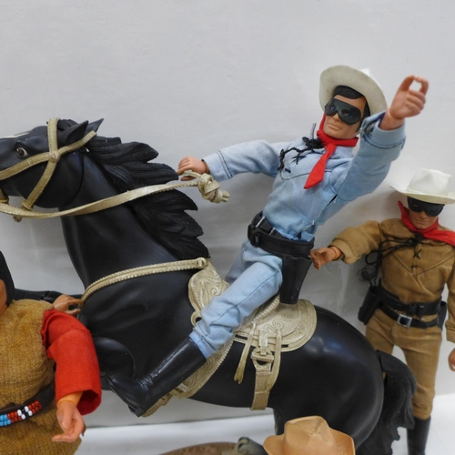 722 - Five original Lone Rangers figures by Louis Marx with jointed poseable horse and stand, guns and ins... 