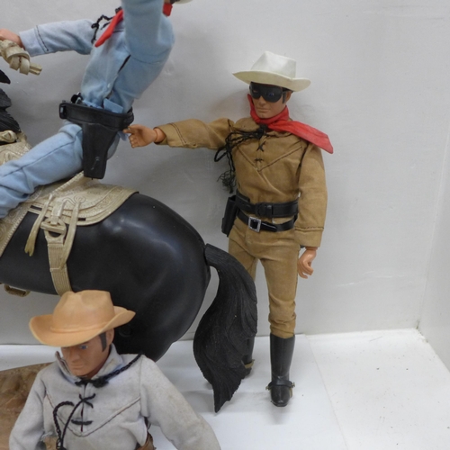 722 - Five original Lone Rangers figures by Louis Marx with jointed poseable horse and stand, guns and ins... 